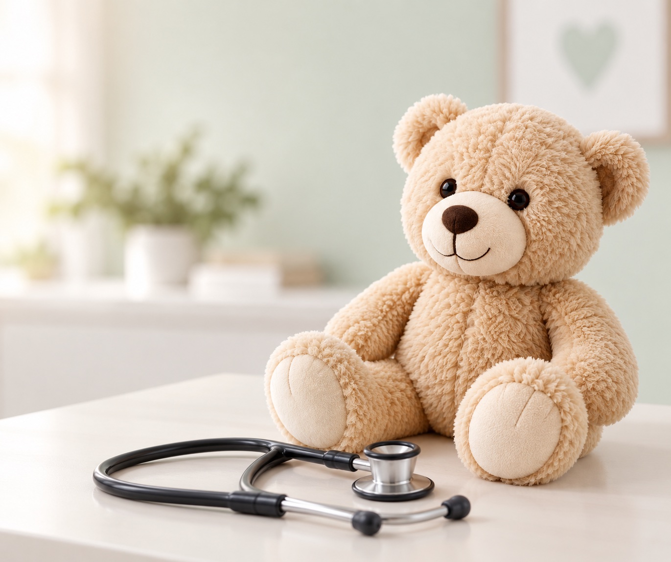 Urso de pelúcia sentado numa mesa de consultório, com um estetoscópio à frente